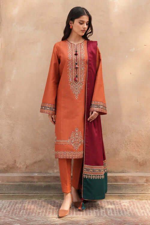 3 Piece Unstitched Heavy Embroidered Dhanak Suit with Printed Wool Shawl