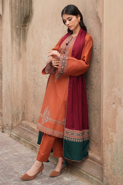 3 Piece Unstitched Heavy Embroidered Dhanak Suit with Printed Wool Shawl