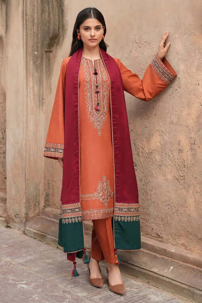 3 Piece Unstitched Heavy Embroidered Dhanak Suit with Printed Wool Shawl
