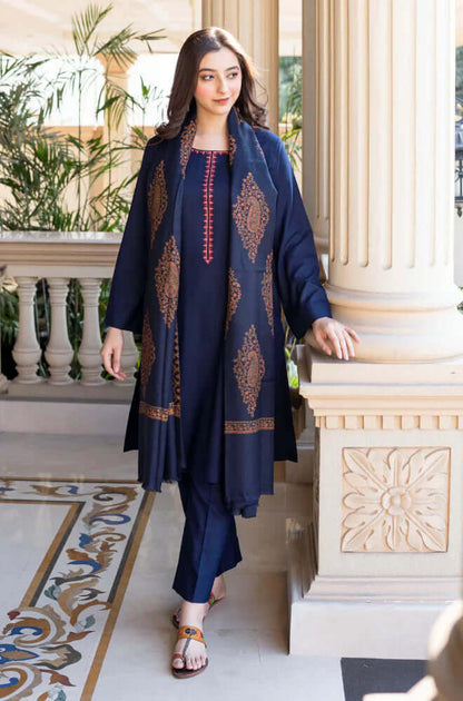 3 Piece Unstitched Embroidered Dhanak Suit with Printed Wool Shawl
