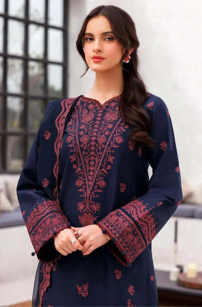 3 Piece Unstitched Heavy Embroidered Lawn Suit with Embroidered Chiffon Dupatta