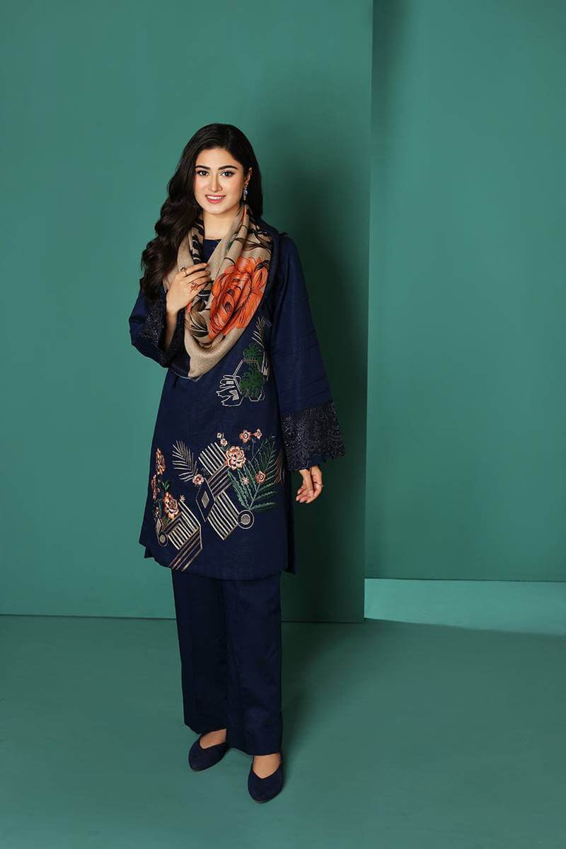 3 Piece Unstitched Heavy Embroidereda Dhanak Wool Suit With Digital Printed Dhanak Wool Shawl