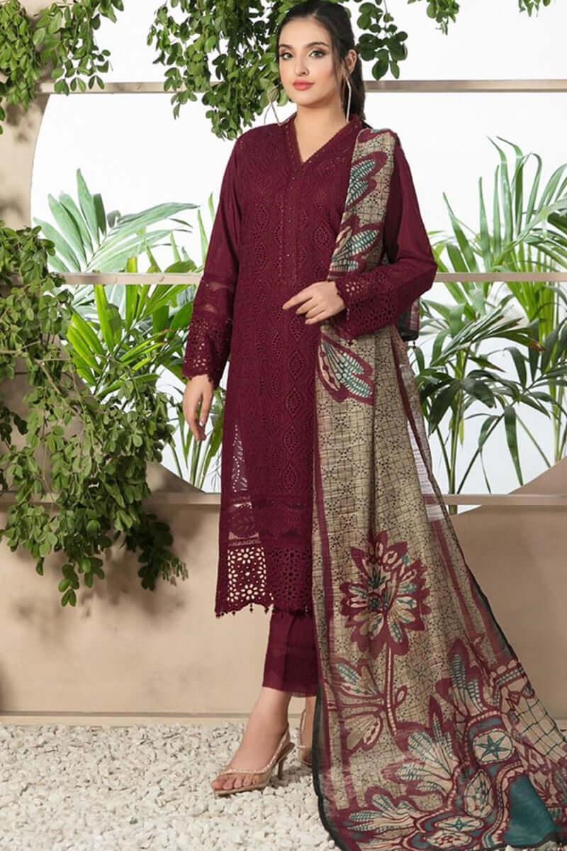 3 Piece Unstitched Chickan Kari Heavy Embroidered Lawn Suit with Printed Monaar Dupatta - Malam