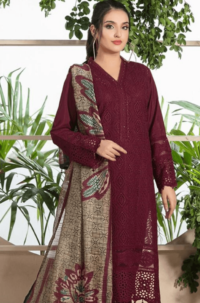 3 Piece Unstitched Chickan Kari Heavy Embroidered Lawn Suit with Printed Monaar Dupatta - Malam