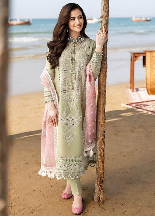 3 Piece Unstitched Heavy Embroidered Chickan Kari Lawn Suit with Printed Organza Dupatta - Malam