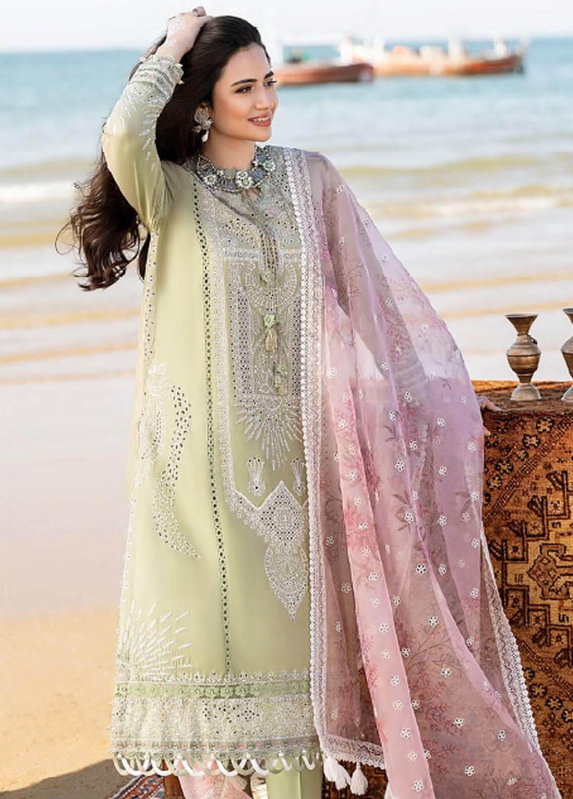 3 Piece Unstitched Heavy Embroidered Chickan Kari Lawn Suit with Printed Organza Dupatta - Malam