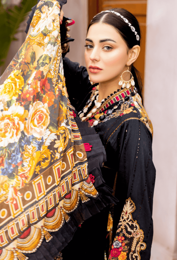 3 Piece Unstitched Heavy Embroidered Chickan Kari Lawn Suit with Printed Silk Dupatta - Malam