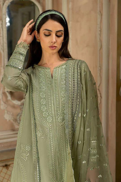 3 Piece Unstitched Heavy Embroidered Chickenkari Lawn Suit With Heavy Embroidered Bamber Chiffon Dupatta - Malam