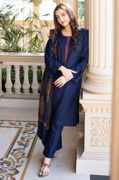 3 Piece Unstitched Embroidered Dhanak Suit with Printed Wool Shawl