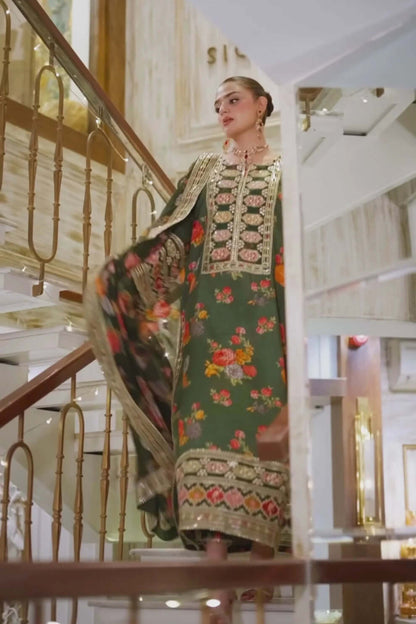 3 Piece Unstitched Heavy Embroidered Shamoz Silk Suit with Embroidered Silk Dupatta