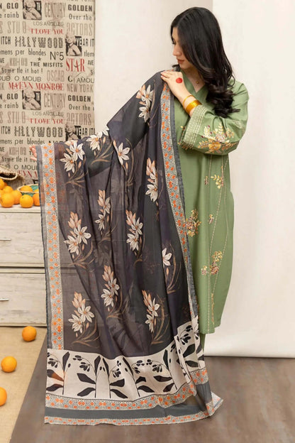 3 Piece Unstitched Heavy Embroidered Dhanak Suit with Printed Wool Shawl
