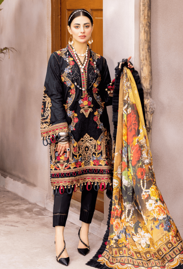 3 Piece Unstitched Heavy Embroidered Chickan Kari Lawn Suit with Printed Silk Dupatta - Malam