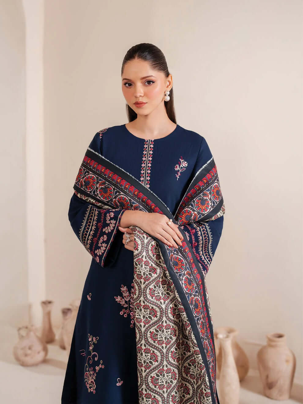 3 Piece Unstitched Heavy Embroidered Dhanak Suit with Printed Wool Shawl