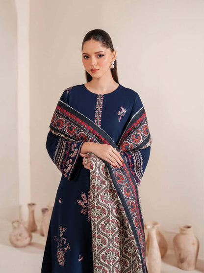 3 Piece Unstitched Heavy Embroidered Dhanak Suit with Printed Wool Shawl