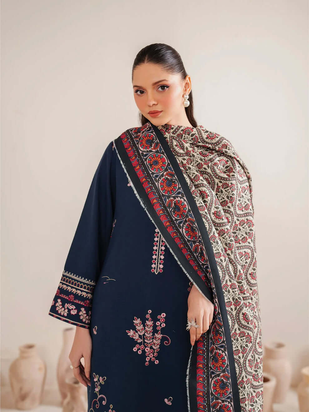 3 Piece Unstitched Heavy Embroidered Dhanak Suit with Printed Wool Shawl