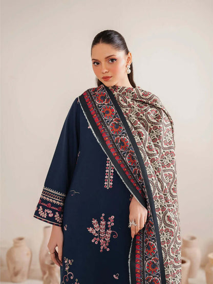 3 Piece Unstitched Heavy Embroidered Dhanak Suit with Printed Wool Shawl