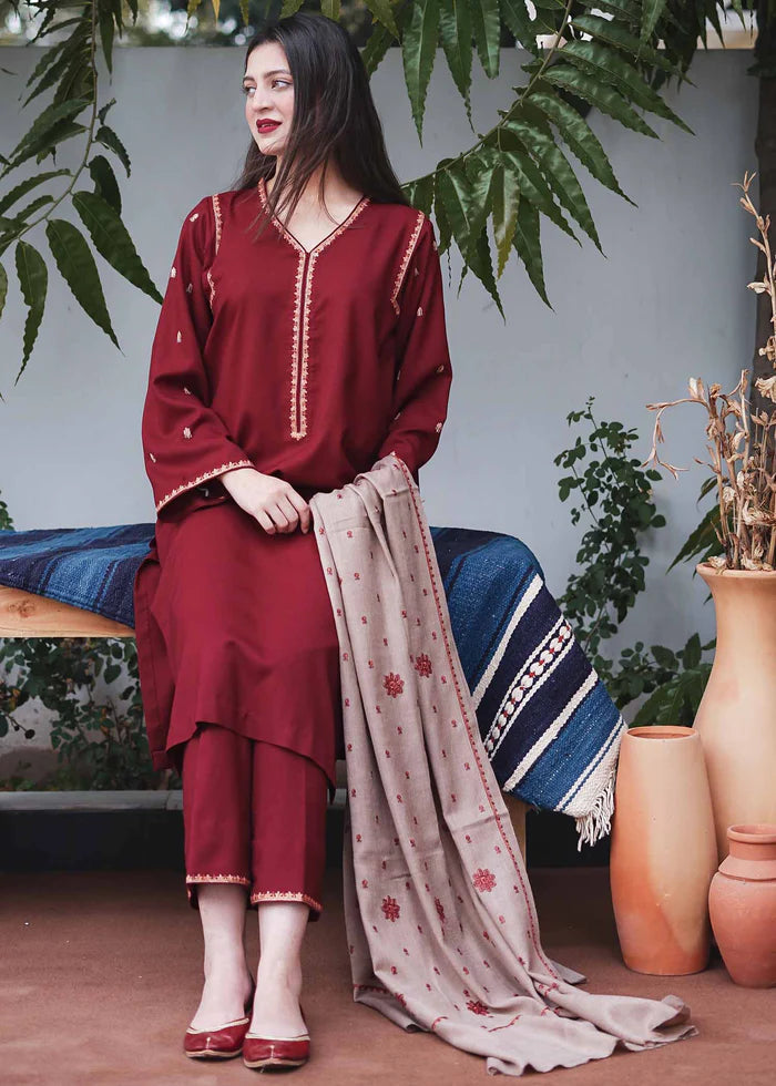 3 Piece Unstitched Heavy Embroidered Dhanak Suit With Heavy Embroidered Dhanak Shawl