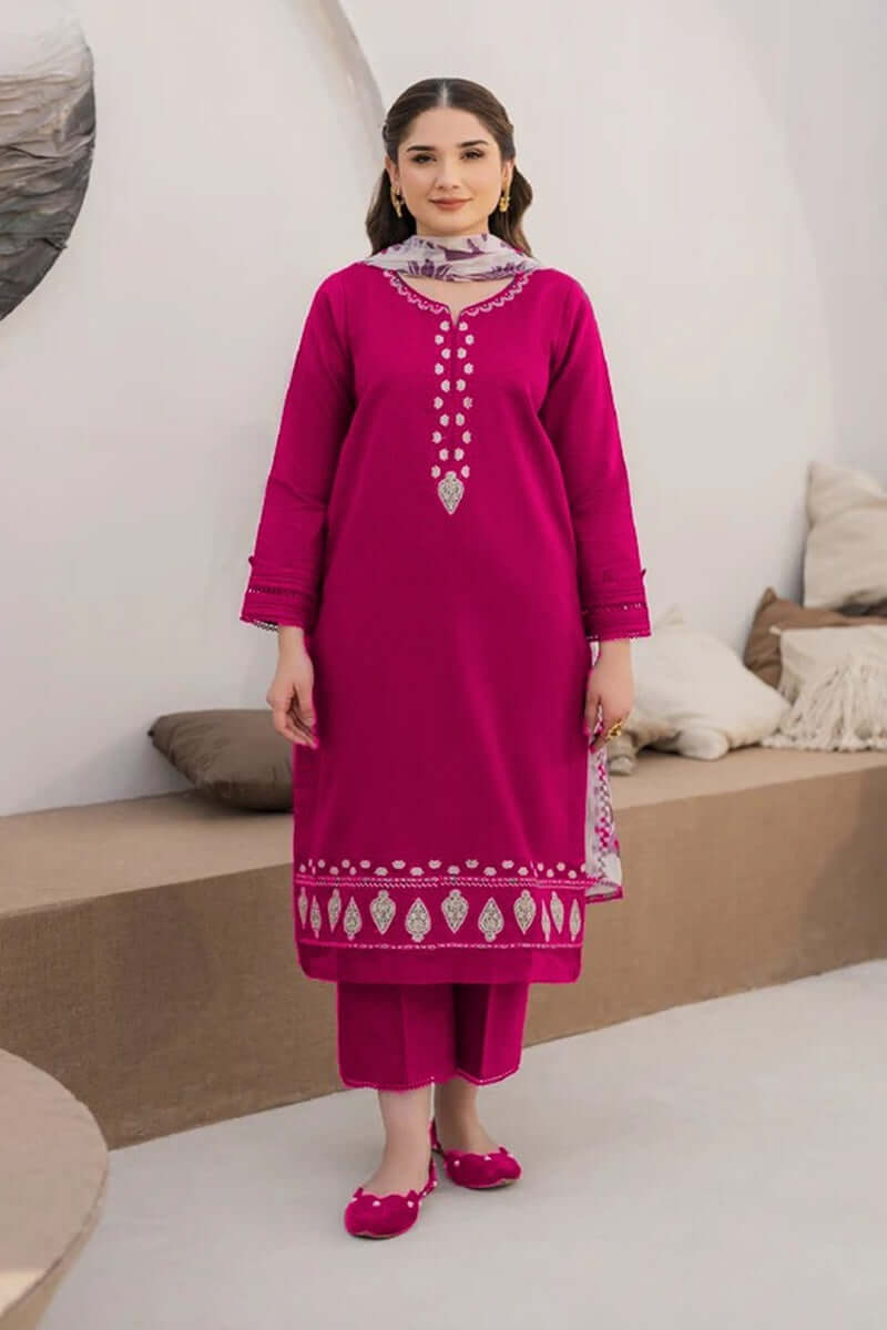 3 Piece Unstitched Heavy Embroidered Dhanak Suit with Printed Wool Shawl