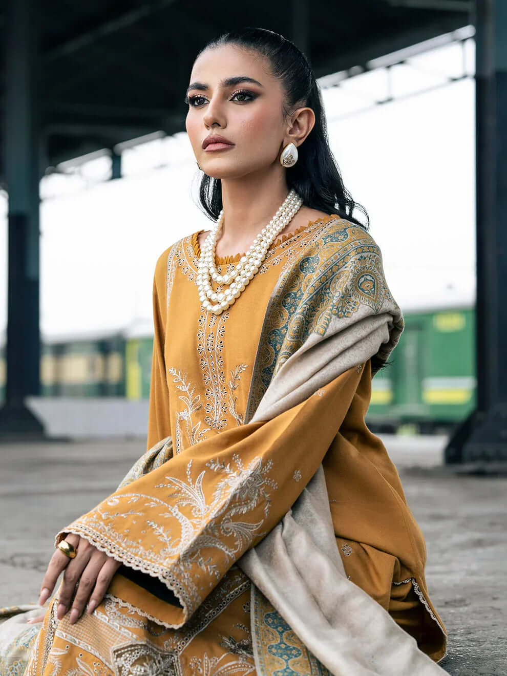 3 Piece Unstitched Heavy Embroidered Dhanak Suit with Printed Wool Shawl