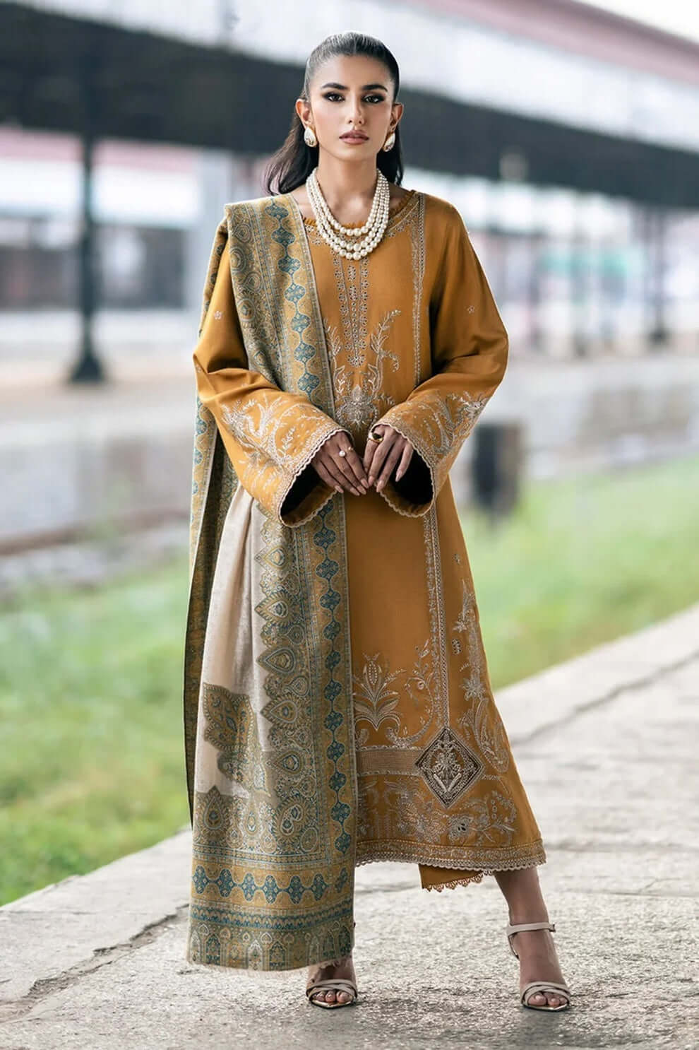 3 Piece Unstitched Heavy Embroidered Dhanak Suit with Printed Wool Shawl