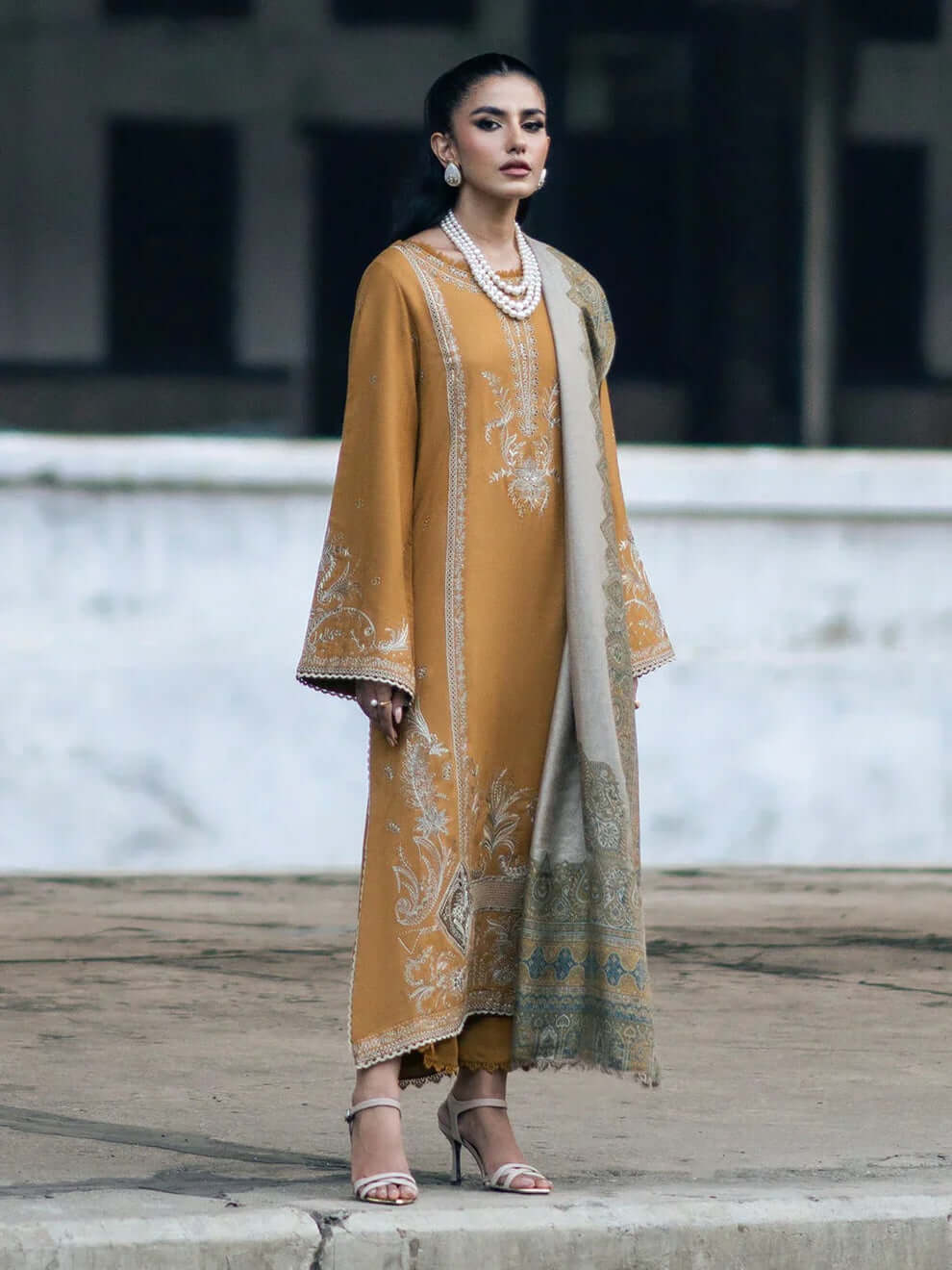 3 Piece Unstitched Heavy Embroidered Dhanak Suit with Printed Wool Shawl