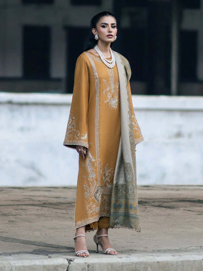 3 Piece Unstitched Heavy Embroidered Dhanak Suit with Printed Wool Shawl