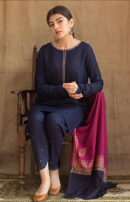 3 Piece Unstitched Heavy Embroidered Dhanak Suit With Digital Printed Woolen Shawl