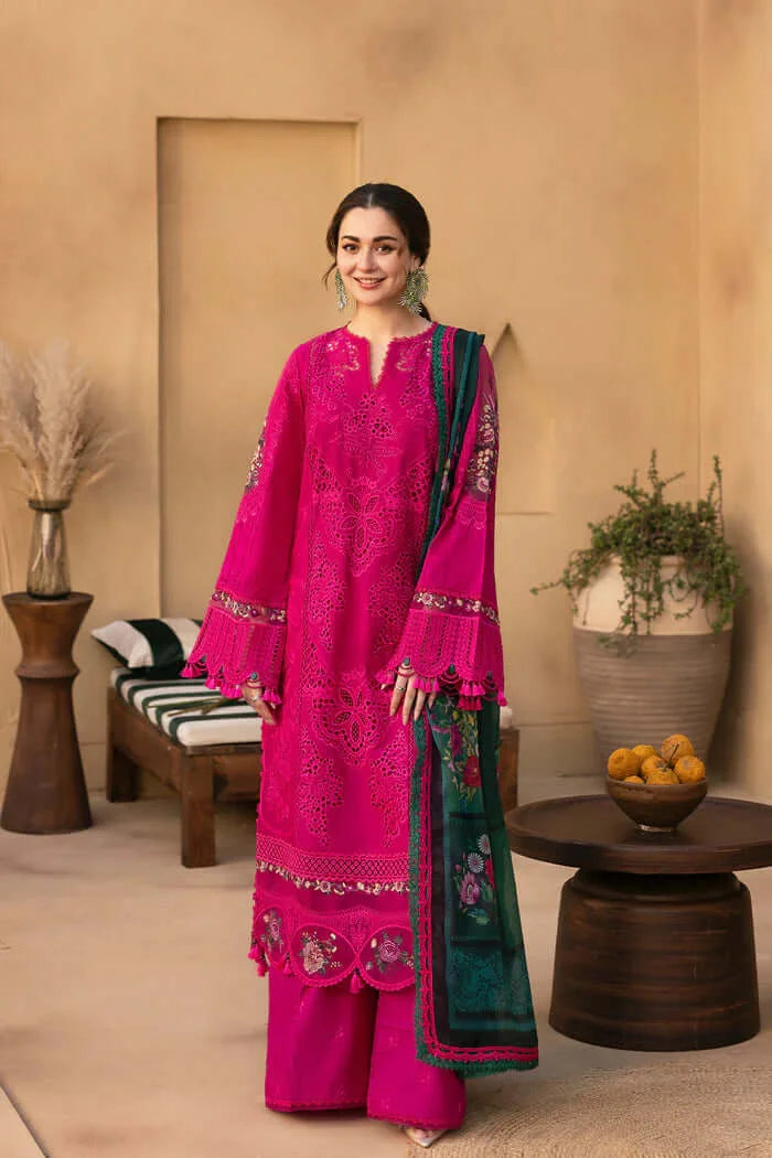3 Piece Unstitched Heavy Embroidered Chicken Kari Lawn Suit with Printed Slub Dupatta