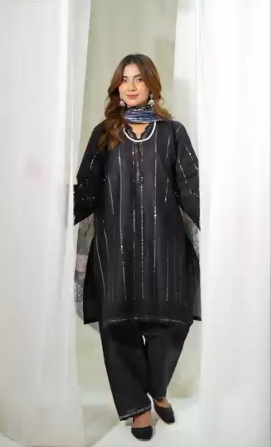 3 Piece Stitched Embroidered Lawn Suit with Printed Monaar Chiffon Dupatta and Jacket