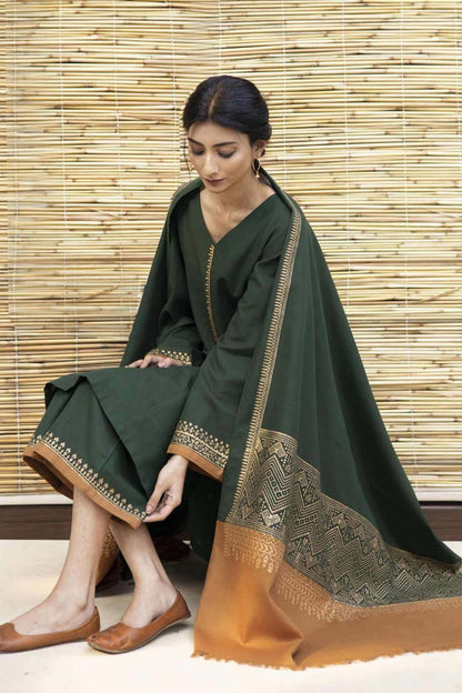 3 Piece Unstitched Embroidered Dhanak Wool Suit With Digital Printed Dhanak Wool Shawl