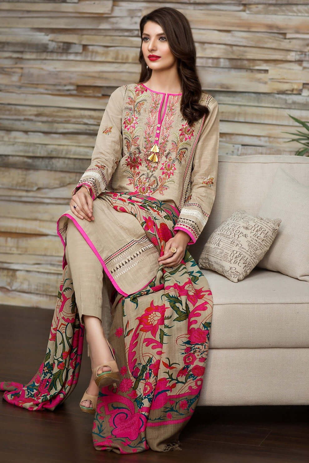 3 Piece Unstitched Heavy Embroidered Dhanak Suit with Printed Wool Shawl