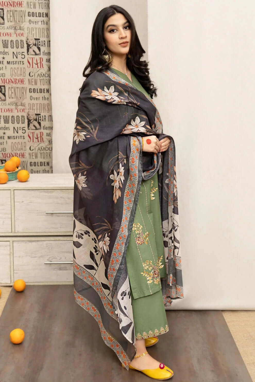 3 Piece Unstitched Heavy Embroidered Dhanak Suit with Printed Wool Shawl