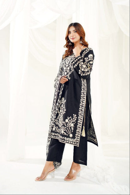 3 Piece Stitched Embroidered Lawn Suit with Printed Monaar Chiffon Dupatta