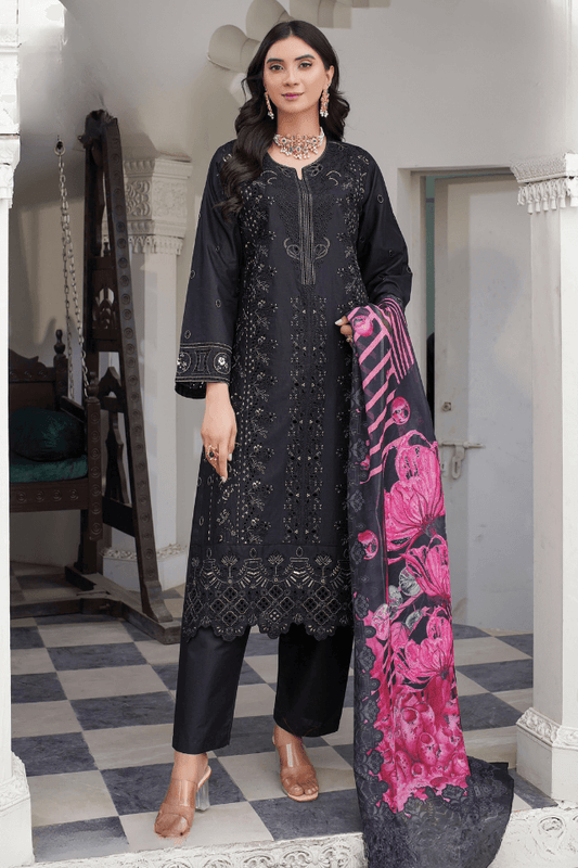 3 Piece Stitched Embroidered Lawn Suit with Printed Monaar Chiffon Dupatta
