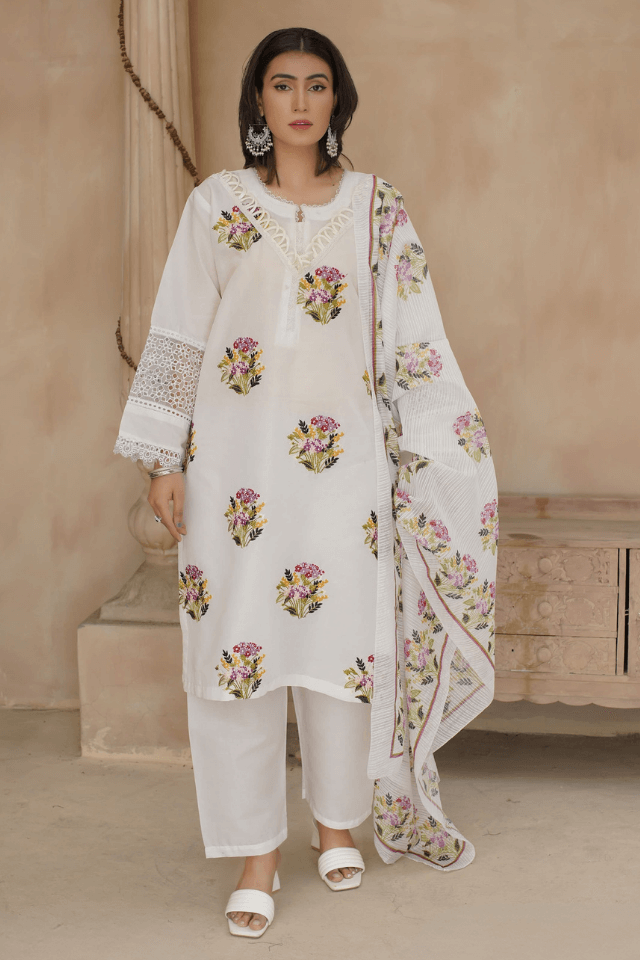 3 Piece Stitched Embroidered Lawn Suit with Printed Monaar Chiffon Dupatta