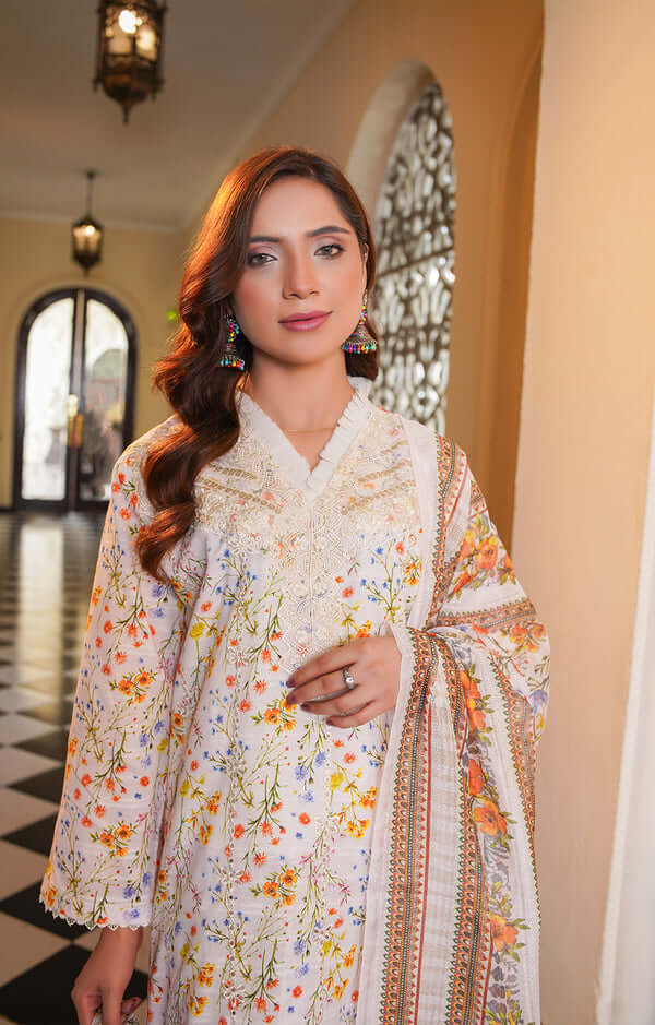 3 Piece Stitched Embroidered Lawn Suit with Printed Monaar Chiffon Dupatta and Hand Bag