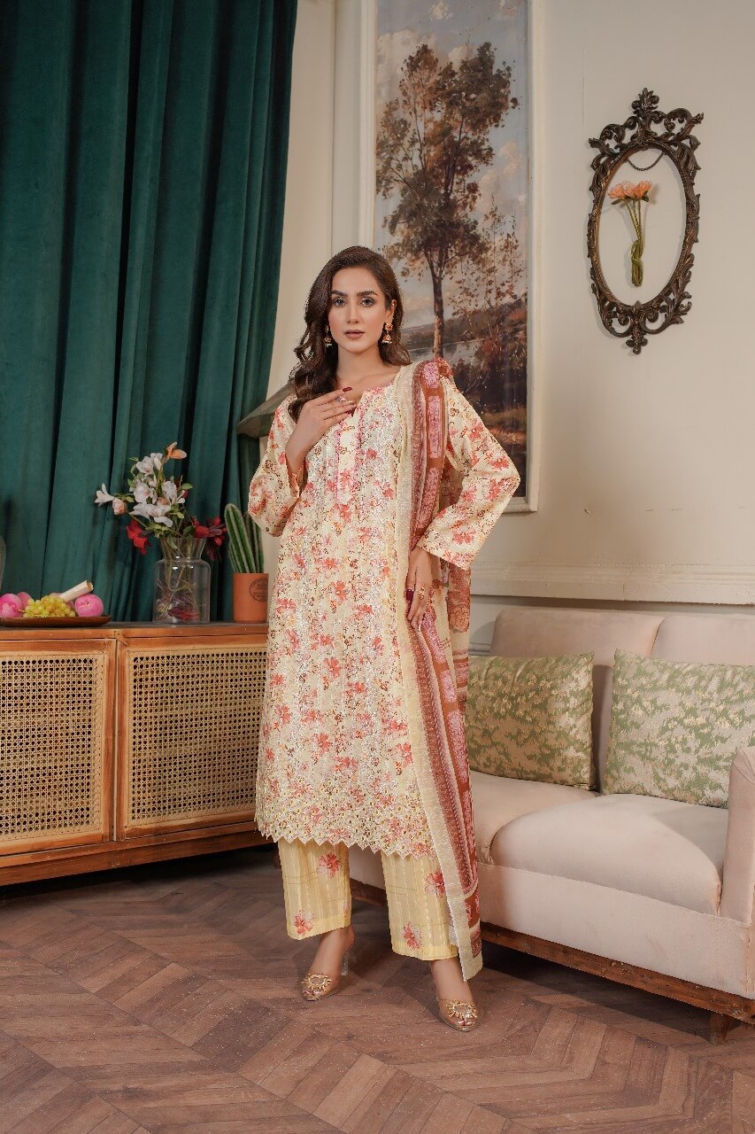 3 Piece Stitched Embroidered Lawn Suit with Printed Monaar Chiffon Dupatta
