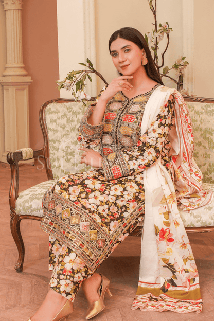 3 Piece Stitched Embroidered Lawn Suit with Printed Lawn Dupatta