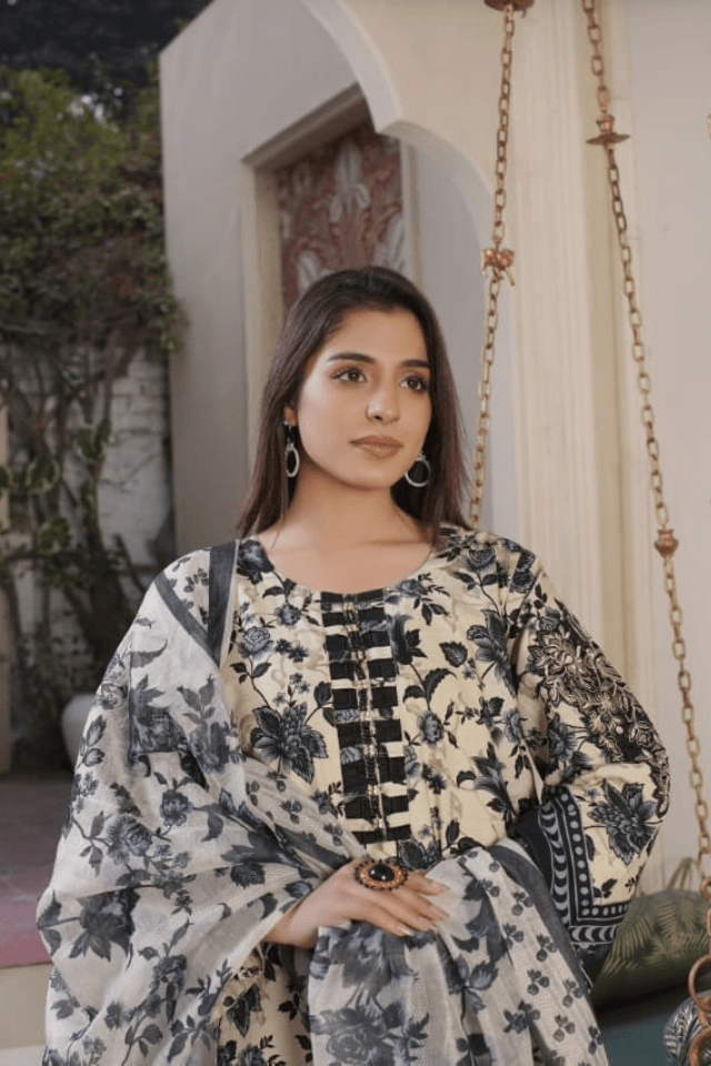 3 Piece Stitched Embroidered Lawn Suit with Printed Monaar Chiffon Dupatta
