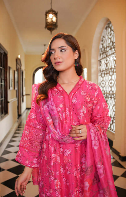 3 Piece Stitched Embroidered Lawn A Line Frok with Printed Monaar Chiffon Dupatta