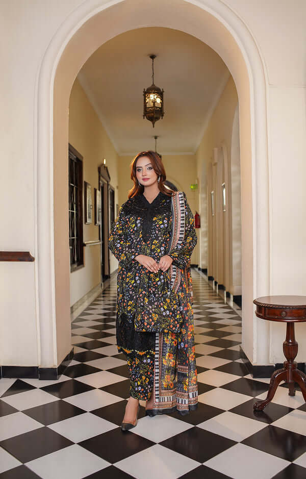 3 Piece Stitched Embroidered Lawn Suit with Printed Monaar Chiffon Dupatta and Hand Bag