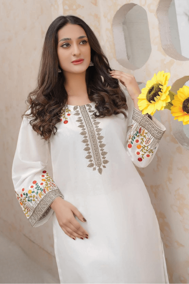 3 Piece Stitched Embroidered Lawn Suit with Printed Monaar Chiffon Dupatta