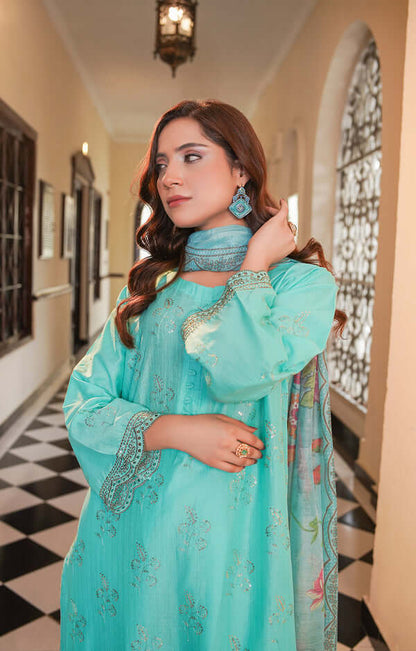 3 Piece Stitched Embroidered Lawn Suit with Printed Monaar Chiffon Dupatta