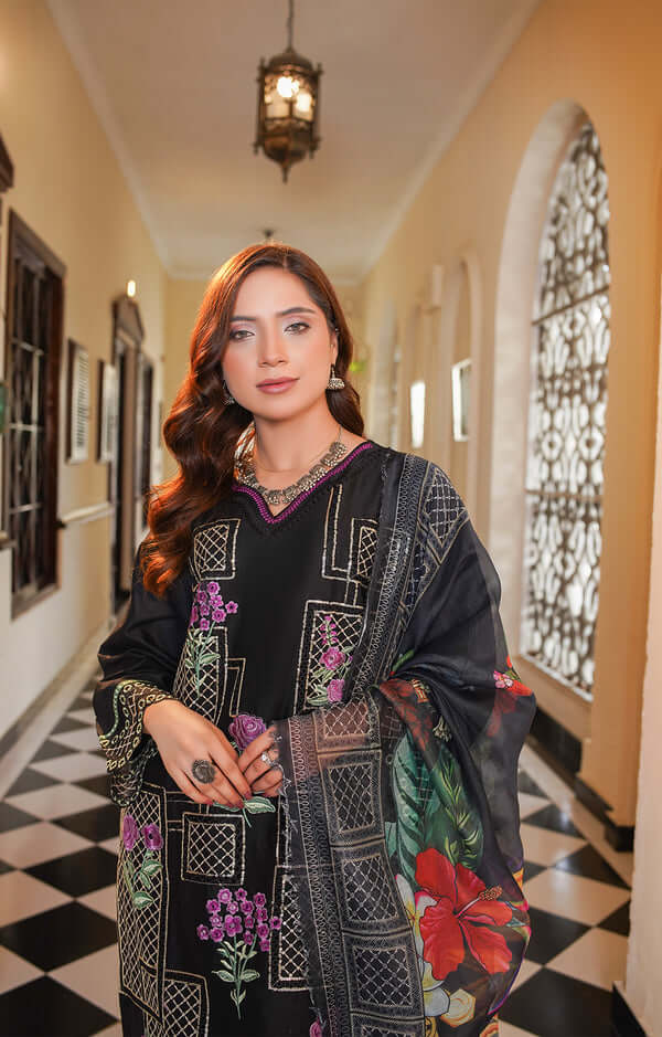 3 Piece Stitched Embroidered Lawn Suit with Printed Monaar Chiffon Dupatta