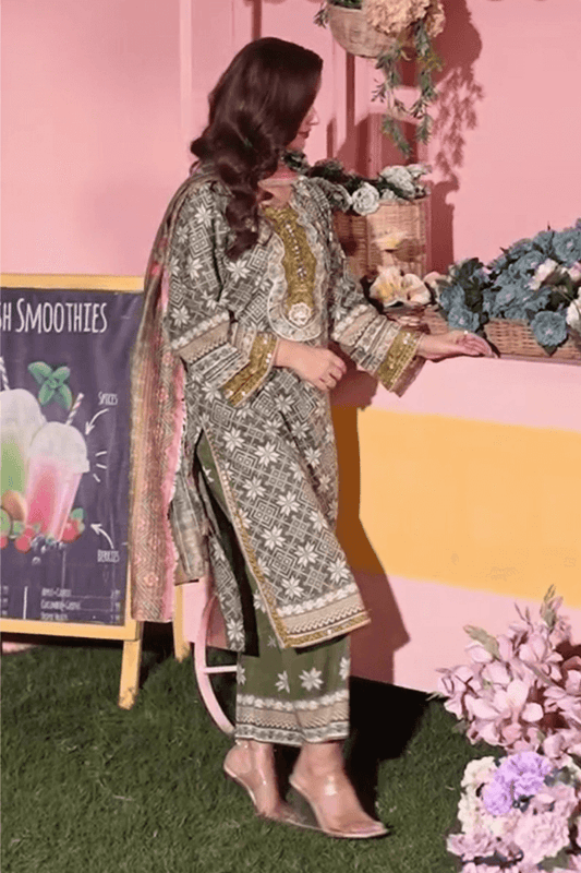 3 Piece Stitched Embroidered Lawn Suit with Printed Monaar Chiffon Dupatta