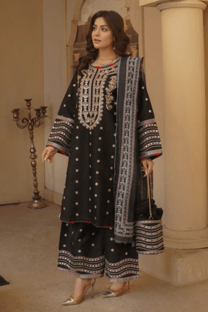 3 Piece Stitched Embroidered Lawn Suit with Printed Monaar Chiffon Dupatta and Hand Bag