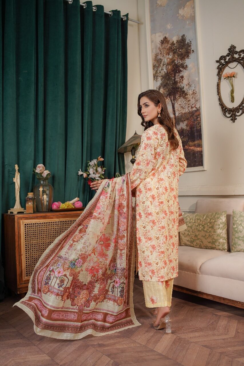 3 Piece Stitched Embroidered Lawn Suit with Printed Monaar Chiffon Dupatta