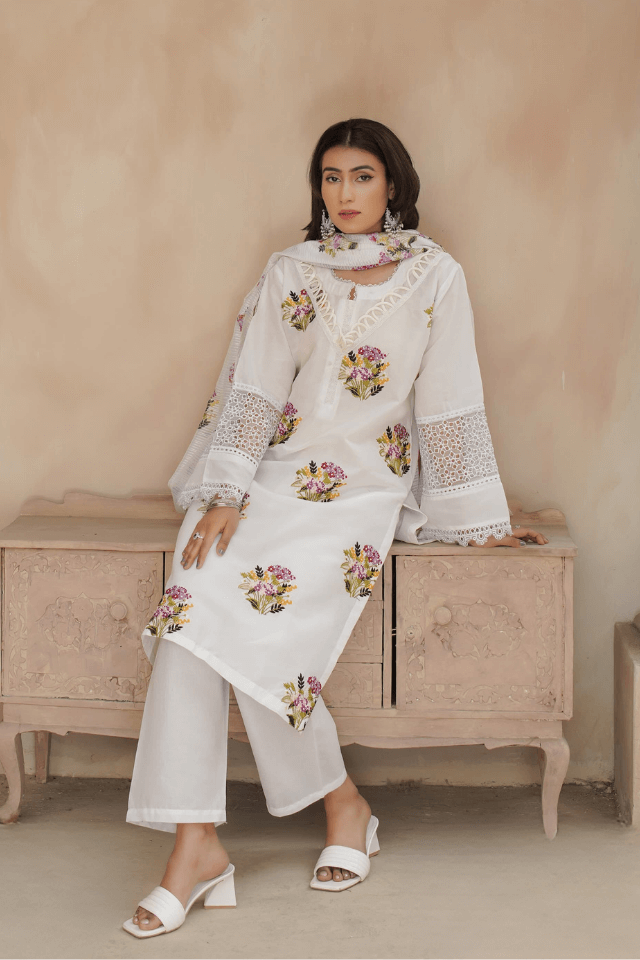 3 Piece Stitched Embroidered Lawn Suit with Printed Monaar Chiffon Dupatta