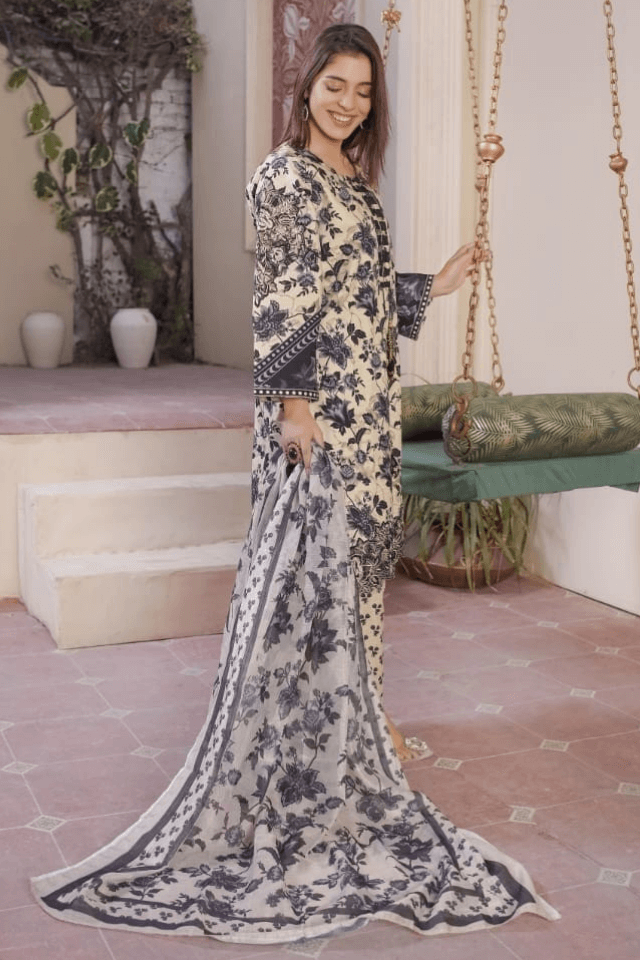 3 Piece Stitched Embroidered Lawn Suit with Printed Monaar Chiffon Dupatta