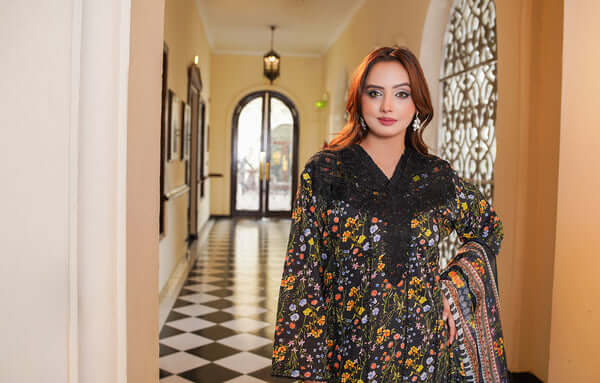 3 Piece Stitched Embroidered Lawn Suit with Printed Monaar Chiffon Dupatta and Hand Bag